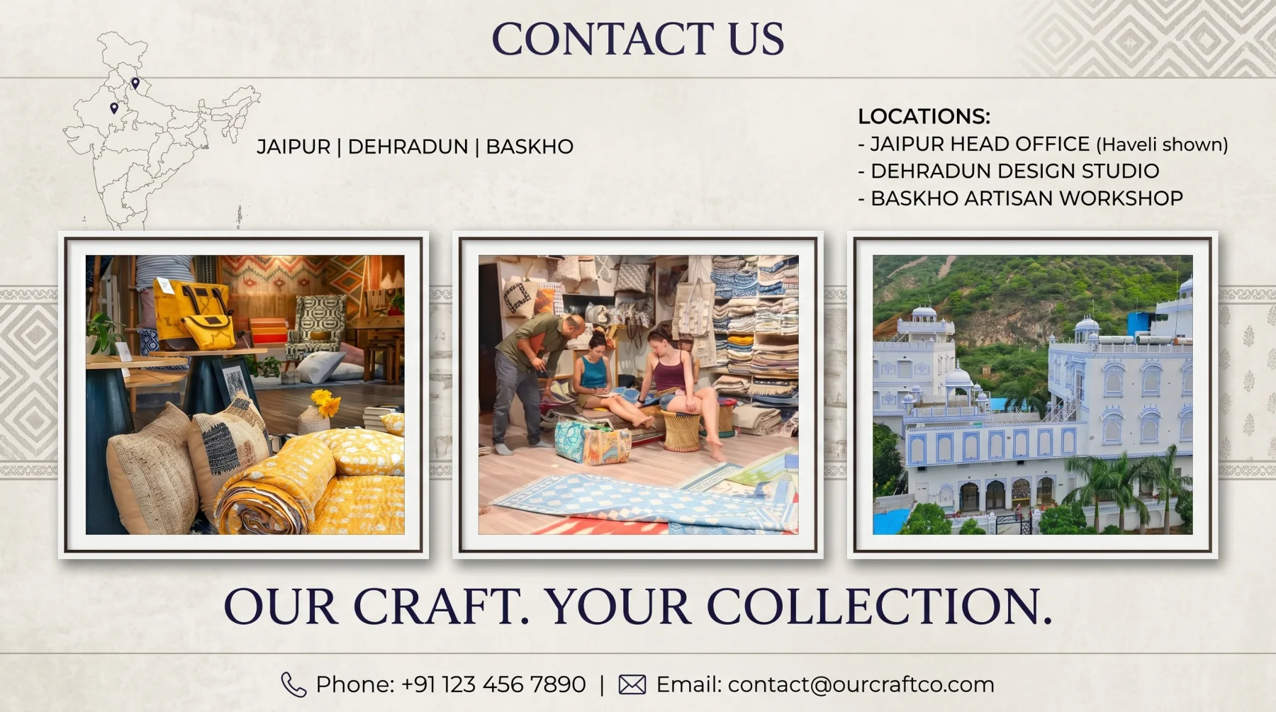 Vimla International contact locations and craft banner