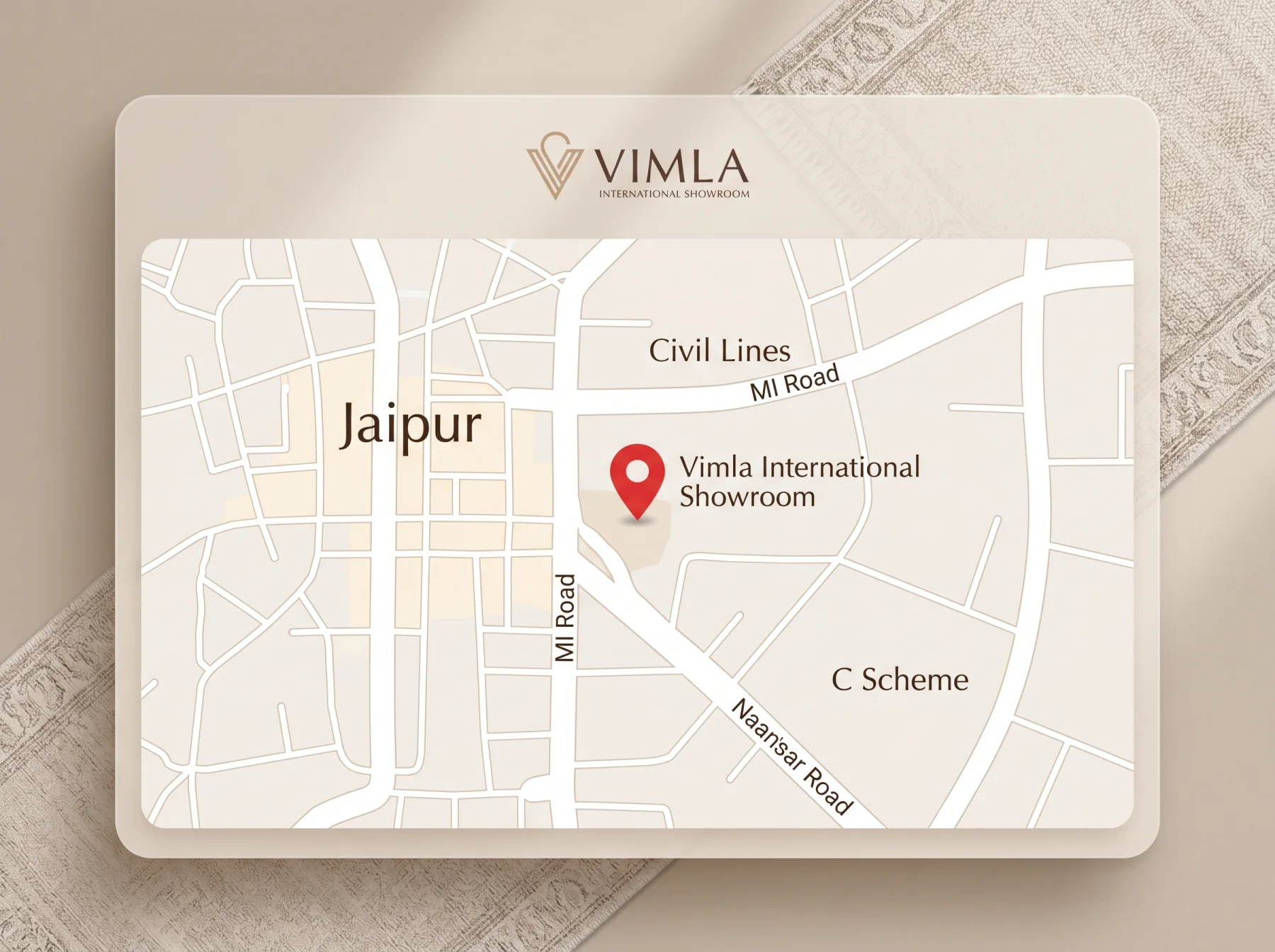 Map showing the Vimla International showroom in Jaipur