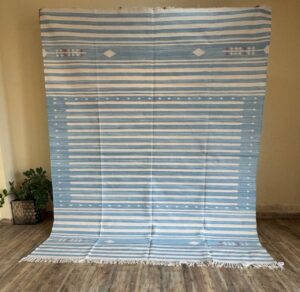 blue and white striped rug