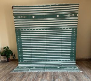 green and white striped rug