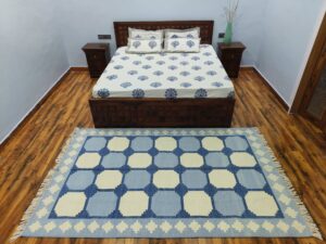 blue and white wool rug