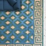 Handwoven Cotton Flat Weave Rug – Boho Geometric Blue Area Rug, Greek Key Border Blue & Green Geometric Rug for Living Room Bedroom view 8