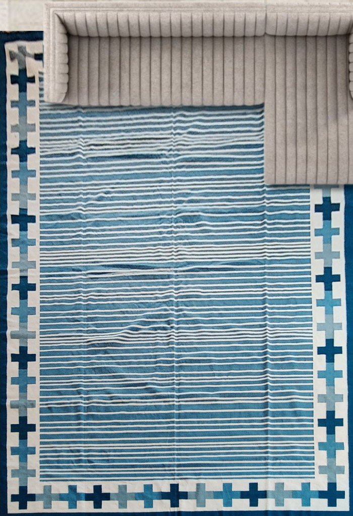 Handwoven Cotton Flatweave Area Rug, Blue & White Geometric Motif, Living Room Rug