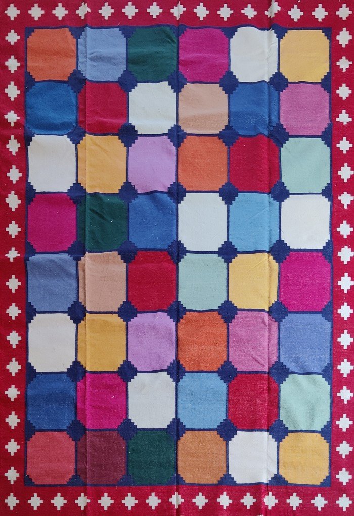 Multicolor Geometric Checkered Cotton Flat Weave Area Rug, Area Rug for Living Room, Bedroom, Hallway Rug