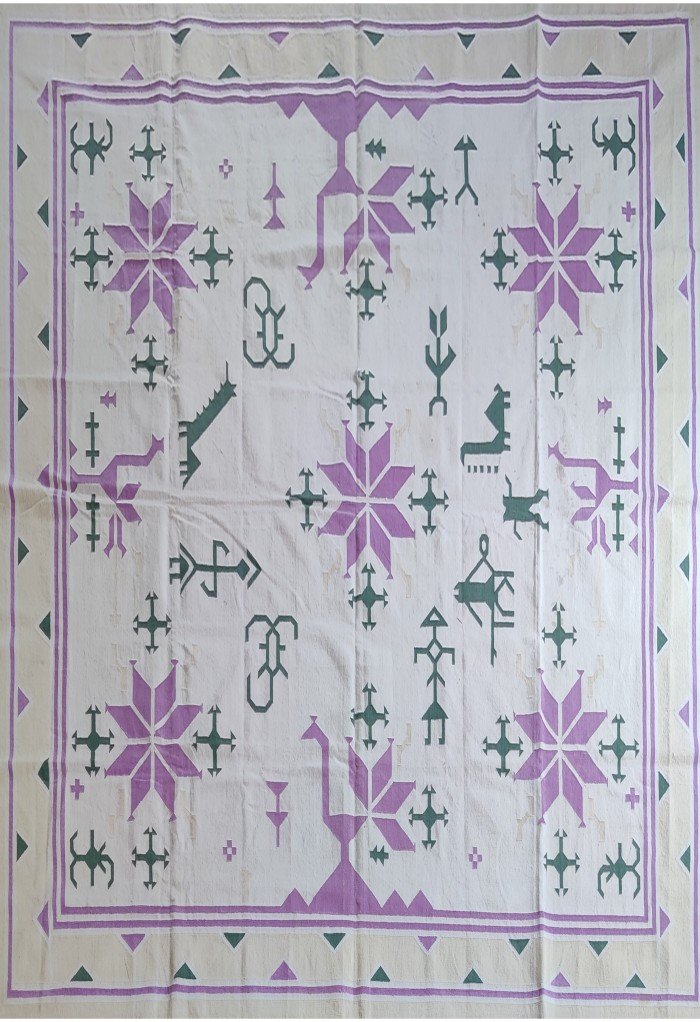 Cotton Flat Weave Rug for Living Room, Purple and Green Southwestern Tribal Cotton Flat Weave Area Rug