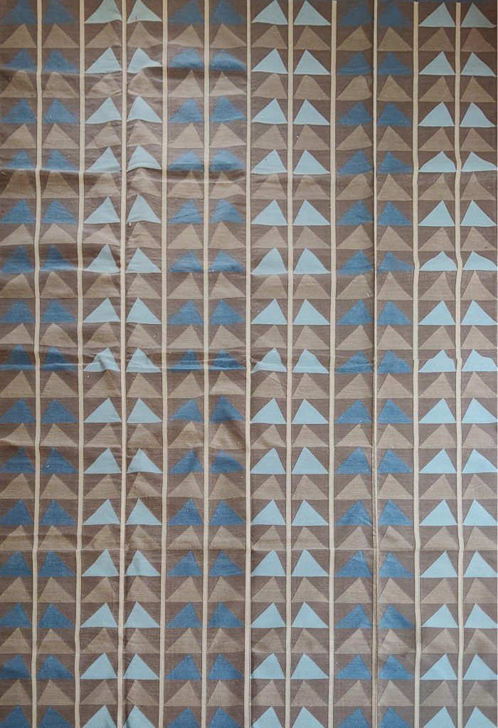 Brown and Blue Geometric Cotton Flat Weave Rug for Living Room, Modern Geometric Cotton Flatweave Area Rug for Home Office