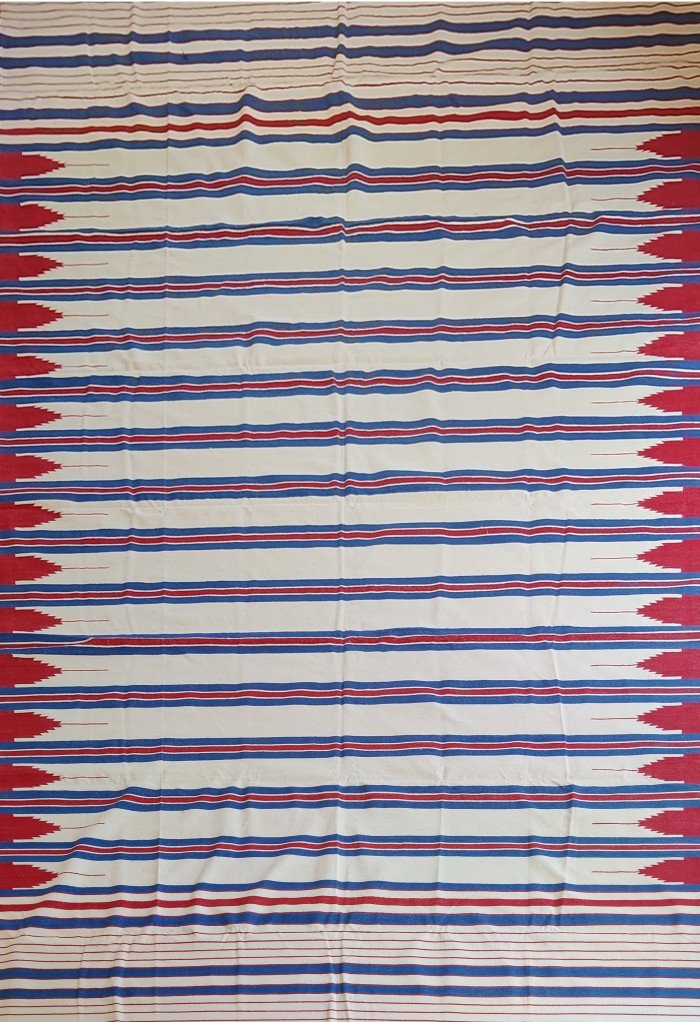Red, Blue, and White Striped Rectangular Cotton Flat Weave Rug for Dining Room, Large Rectangular Striped Area Rug