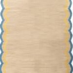 Beige and Blue Wavy Edge Wool Kilim Area Rug – Rectangular Scalloped Flatweave for Kids Room & Preppy Home view 1