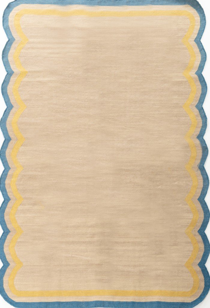 Beige and Blue Wavy Edge Wool Kilim Area Rug – Rectangular Scalloped Flatweave for Kids Room & Preppy Home