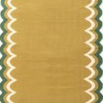 Scalloped Edge Wool Kilim Rug | Mustard Yellow Area Rug with Green Wavy Border for Living Room & Bedroom | Flatweave Decor view 8