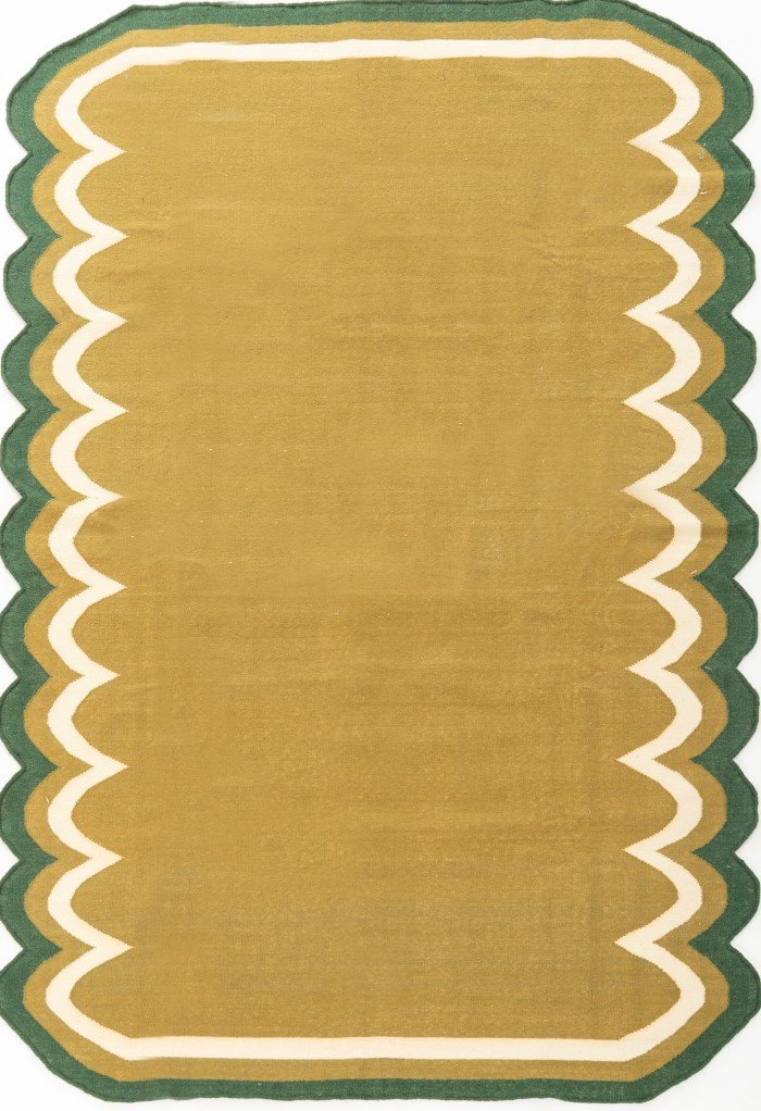 Scalloped Edge Wool Kilim Rug | Mustard Yellow Area Rug with Green Wavy Border for Living Room & Bedroom | Flatweave Decor