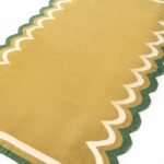 Scalloped Edge Wool Kilim Rug | Mustard Yellow Area Rug with Green Wavy Border for Living Room & Bedroom | Flatweave Decor view 7