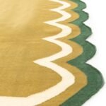 Scalloped Edge Wool Kilim Rug | Mustard Yellow Area Rug with Green Wavy Border for Living Room & Bedroom | Flatweave Decor view 2