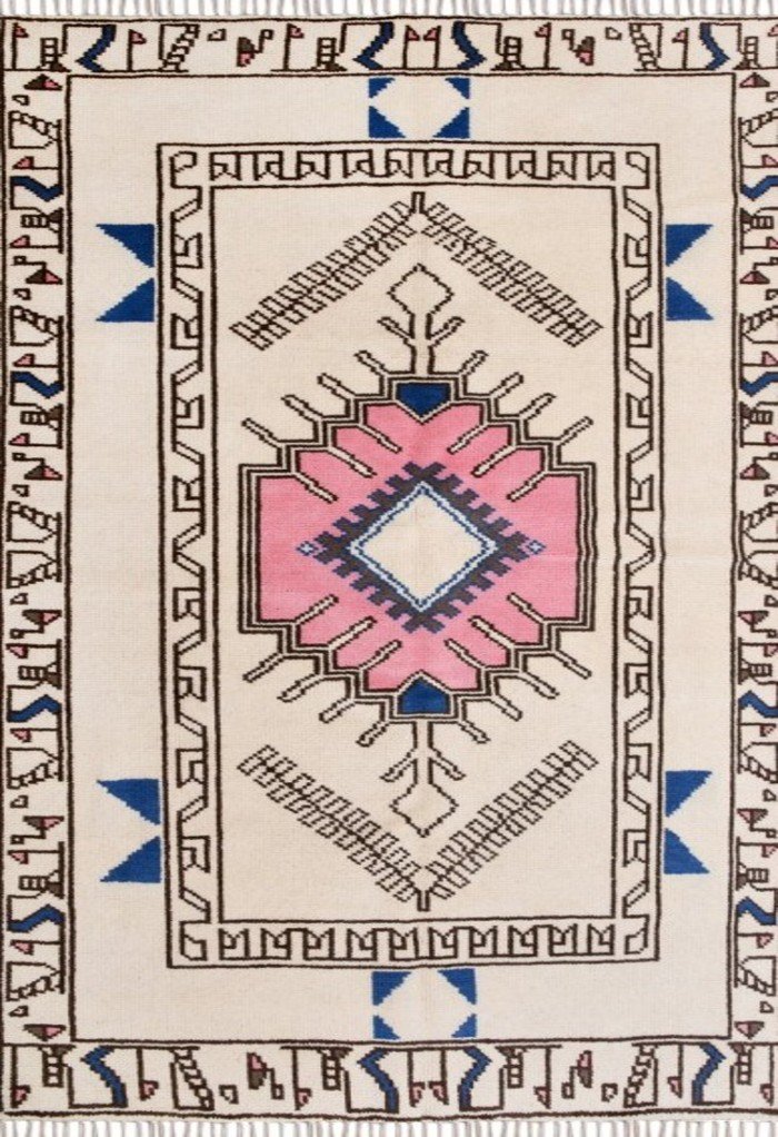 Handmade Moroccan Wool Rug, Pink Blue Tribal Area Rug, Diamond Medallion Carpet, Bedroom Rug