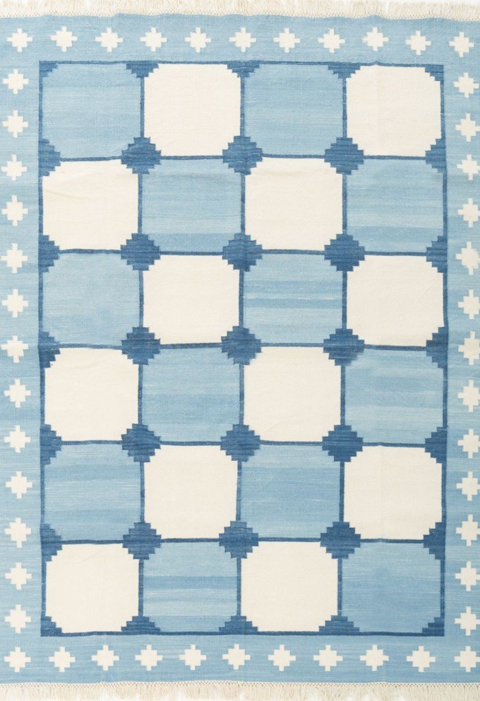 Blue and White Geometric Cotton Flat Weave Area Rug for Living Room and Bedroom