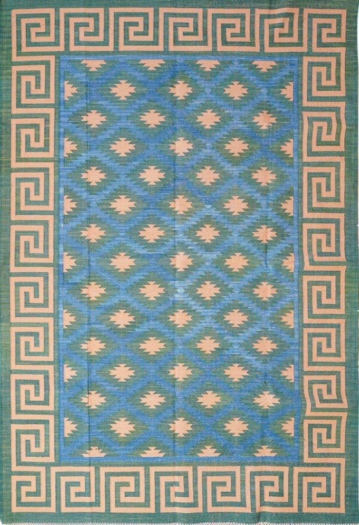 Handwoven Cotton Flat Weave Rug – Boho Geometric Blue Area Rug, Greek Key Border Blue & Green Geometric Rug for Living Room Bedroom