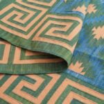Handwoven Cotton Flat Weave Rug – Boho Geometric Blue Area Rug, Greek Key Border Blue & Green Geometric Rug for Living Room Bedroom view 2