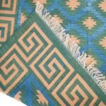 Handwoven Cotton Flat Weave Rug – Boho Geometric Blue Area Rug, Greek Key Border Blue & Green Geometric Rug for Living Room Bedroom view 4