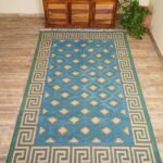 Handwoven Cotton Flat Weave Rug – Boho Geometric Blue Area Rug, Greek Key Border Blue & Green Geometric Rug for Living Room Bedroom view 3