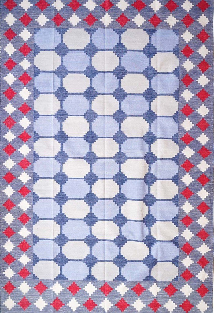 Handwoven Blue White Red Cotton Flat Weave Rug, Flatweave Cotton Area Rug for Home Decor