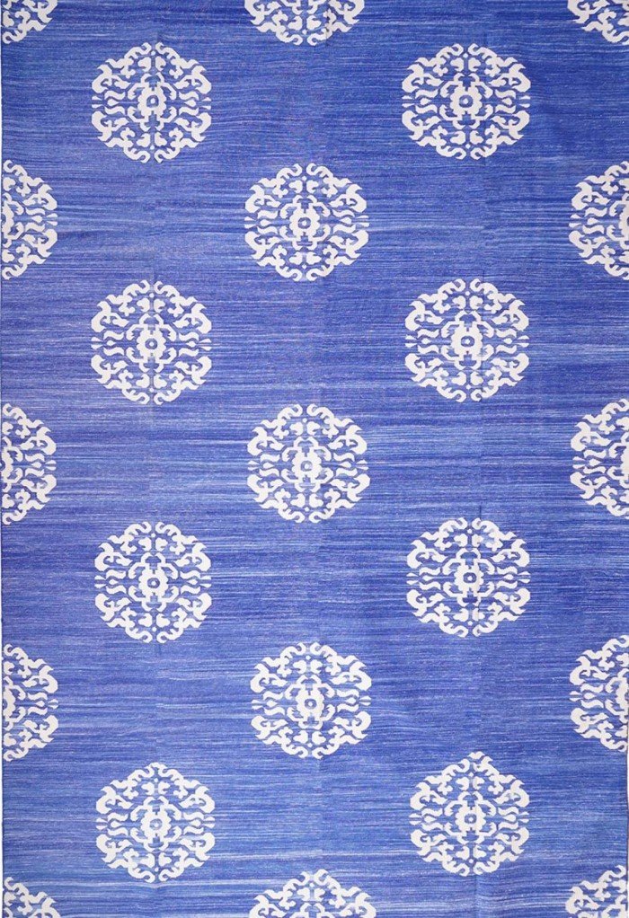 Blue & White Handwoven Cotton Area Rug, Traditional Medallion Cotton Area Rug for Living Room & Bedroom