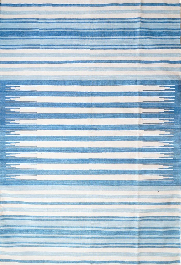 Handwoven Blue and White Cotton Flat Weave Rug – Modern Striped Area Rug, Washable Summer Floor Carpet