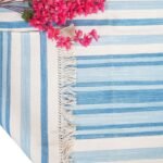 Handwoven Blue and White Cotton Flat Weave Rug – Modern Striped Area Rug, Washable Summer Floor Carpet view 5