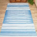 Handwoven Blue and White Cotton Flat Weave Rug – Modern Striped Area Rug, Washable Summer Floor Carpet view 4