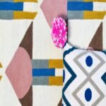 Designer Wool Tufted Rug in Pink, Blue & Ivory for Modern Interiors, Hand Tufted Wool Area Rug with Modern Geometric Pattern view 4