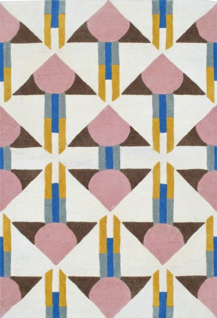 Designer Wool Tufted Rug in Pink, Blue & Ivory for Modern Interiors, Hand Tufted Wool Area Rug with Modern Geometric Pattern