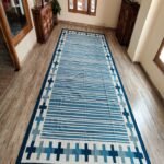 Handwoven Cotton Flatweave Area Rug, Blue & White Geometric Motif, Living Room Rug view 5