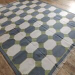Modern Farmhouse Blue and White Tile Pattern Cotton Dhurrie Rug, Cotton Area Rug for Bedroom view 5