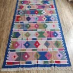 Boho Colorful Striped Aztec Pattern Rectangular Flatweave Bedroom Rug, Colorful Boho Kilim Style Diamond Cotton Dhurrie Rug view 8