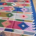 Boho Colorful Striped Aztec Pattern Rectangular Flatweave Bedroom Rug, Colorful Boho Kilim Style Diamond Cotton Dhurrie Rug view 7