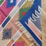 Boho Colorful Striped Aztec Pattern Rectangular Flatweave Bedroom Rug, Colorful Boho Kilim Style Diamond Cotton Dhurrie Rug view 4