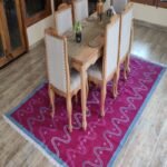 Rectangular Magenta and Light Blue Wavy Cotton Flat Weave Area Rug for Bedroom, Living Room view 3