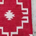 Handwoven Red and White Geometric Diamond Pattern Cotton Flat Weave Area Rug, Reversible Boho Dhurrie Kilim style view 6