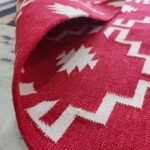 Handwoven Red and White Geometric Diamond Pattern Cotton Flat Weave Area Rug, Reversible Boho Dhurrie Kilim style view 2