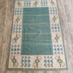 Handwoven Sage Green Wool Flatweave Area Rug, Geometric Border Tribal Kilim, Coastal Boho Cotton Wool Dhurrie for Living Room view 9