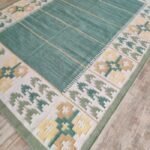 Handwoven Sage Green Wool Flatweave Area Rug, Geometric Border Tribal Kilim, Coastal Boho Cotton Wool Dhurrie for Living Room view 8