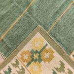 Handwoven Sage Green Wool Flatweave Area Rug, Geometric Border Tribal Kilim, Coastal Boho Cotton Wool Dhurrie for Living Room view 5