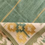 Handwoven Sage Green Wool Flatweave Area Rug, Geometric Border Tribal Kilim, Coastal Boho Cotton Wool Dhurrie for Living Room view 2