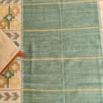 Handwoven Sage Green Wool Flatweave Area Rug, Geometric Border Tribal Kilim, Coastal Boho Cotton Wool Dhurrie for Living Room view 3