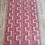 Red Geometric Navajo-Inspired Wool Flat Weave Rug, Striped Bohemian Kilim Area Rug, Tribal Cotton Wool Accent Rug view 9