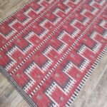 Red Geometric Navajo-Inspired Wool Flat Weave Rug, Striped Bohemian Kilim Area Rug, Tribal Cotton Wool Accent Rug view 8