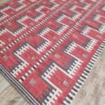 Red Geometric Navajo-Inspired Wool Flat Weave Rug, Striped Bohemian Kilim Area Rug, Tribal Cotton Wool Accent Rug view 7
