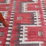 Red Geometric Navajo-Inspired Wool Flat Weave Rug, Striped Bohemian Kilim Area Rug, Tribal Cotton Wool Accent Rug view 3