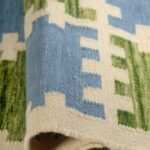 Modern Moroccan Tile Block Flatweave Wool Rug – Coastal Blue and Green Bedroom Area Rug, Living Room view 2