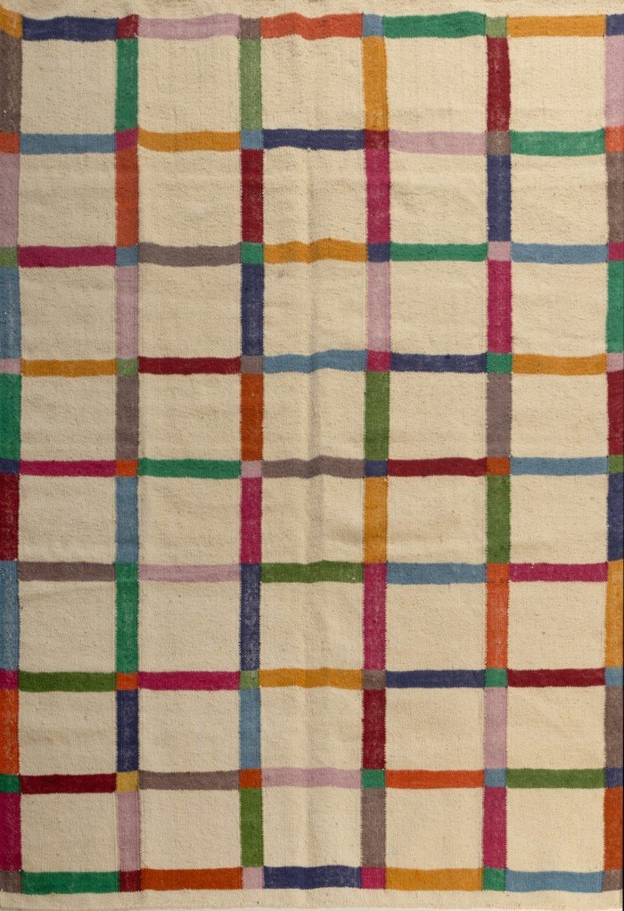 Modern Rainbow Checkered Flatweave Wool Rug, Rectangular Geometric Playroom Area Rug, Multi-Color Grid Pattern Cotton Wool Rug
