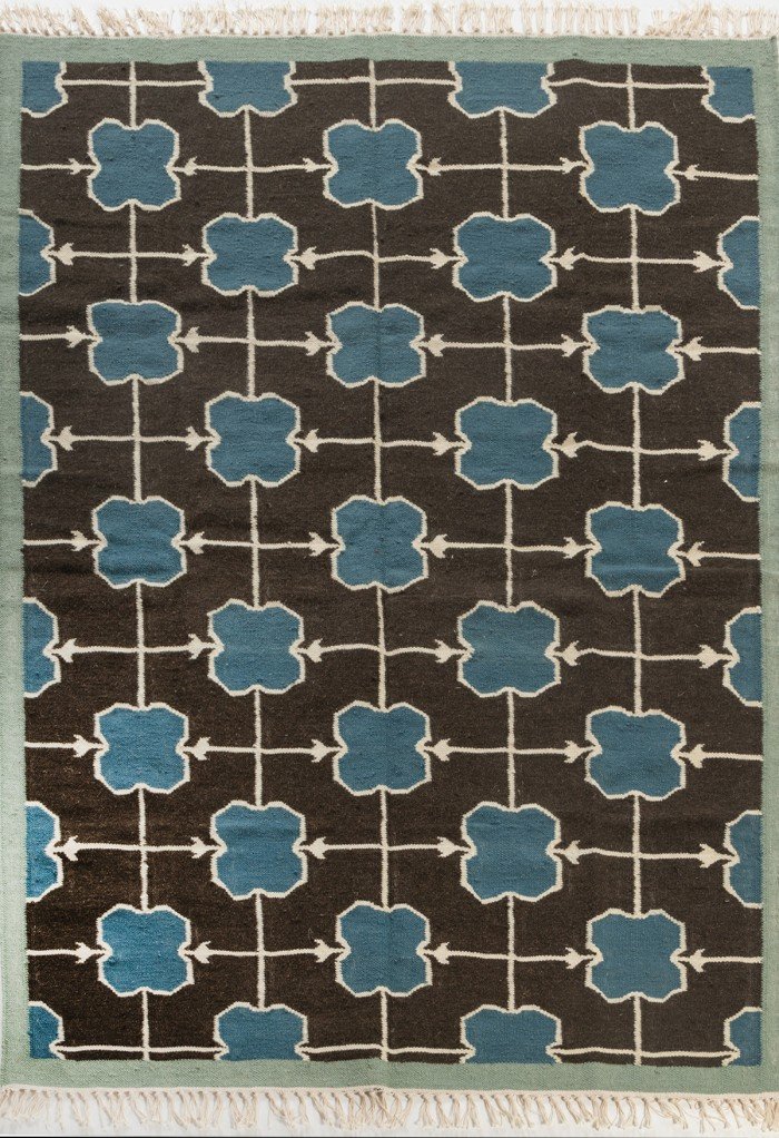 Cotton Wool Blend Rug – Rectangular Bedroom Area Rug, Earthy Brown and Blue Tribal Grid Wool Area Rug for Living Room